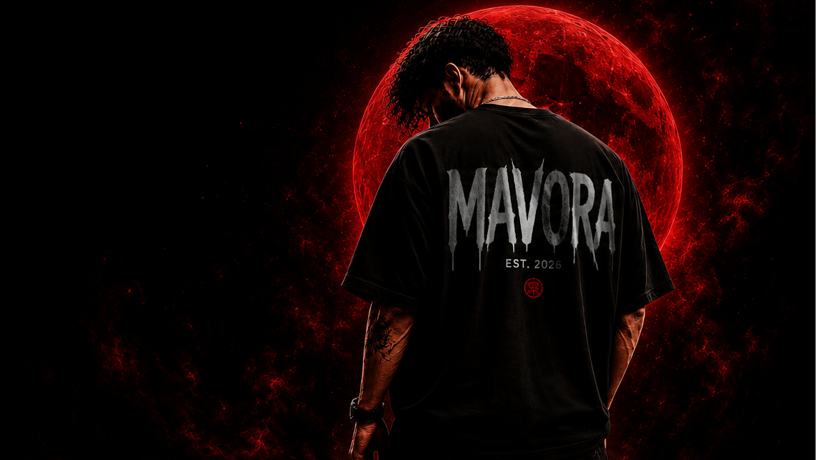 Person wearing a black t-shirt with 'Mavora' logo in front of a red moon on a dark background