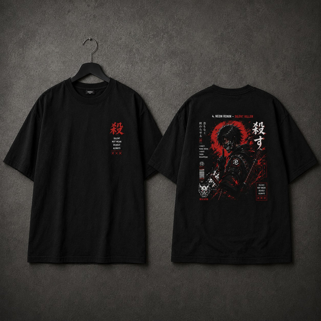 Black t-shirt with red and white graphic design on a gray background