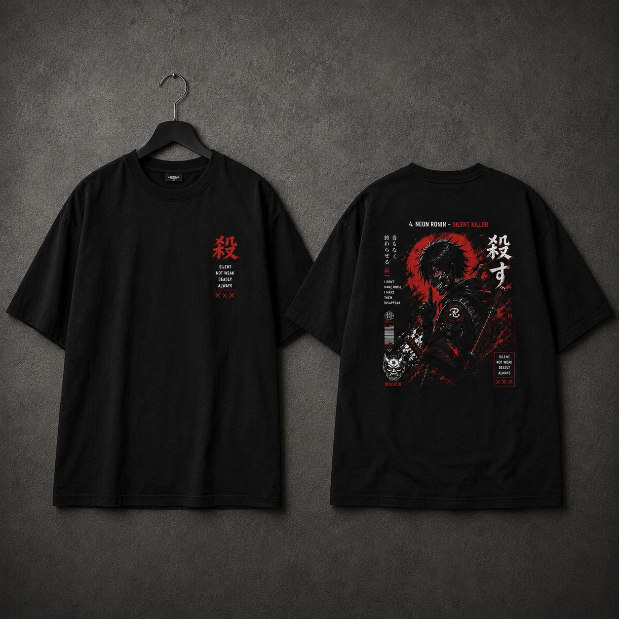 Black t-shirt with red and white graphic design on a gray background