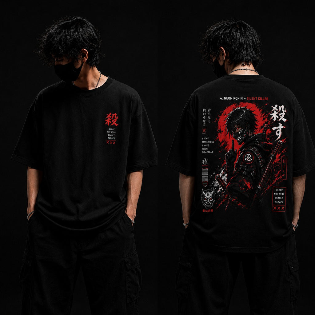 Person wearing a black t-shirt with red and white graphic design on the front and back against a dark background.