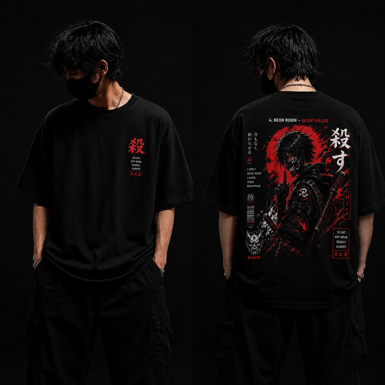 Person wearing a black t-shirt with red and white graphic design on the front and back against a dark background.