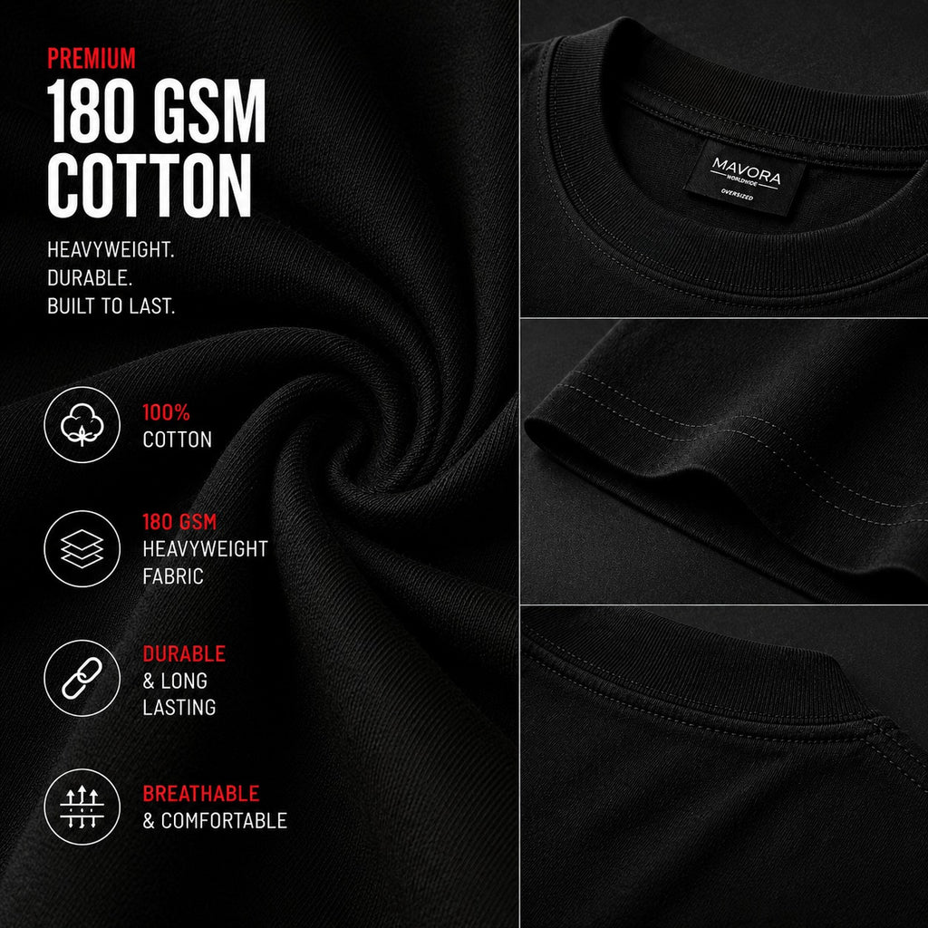 Black t-shirt with premium 180 GSM cotton details and Mavora branding.