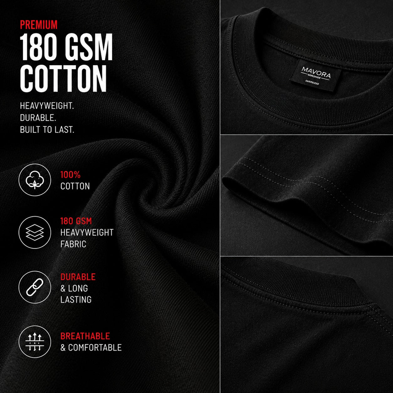 Black t-shirt with premium 180 GSM cotton details and Mavora branding.