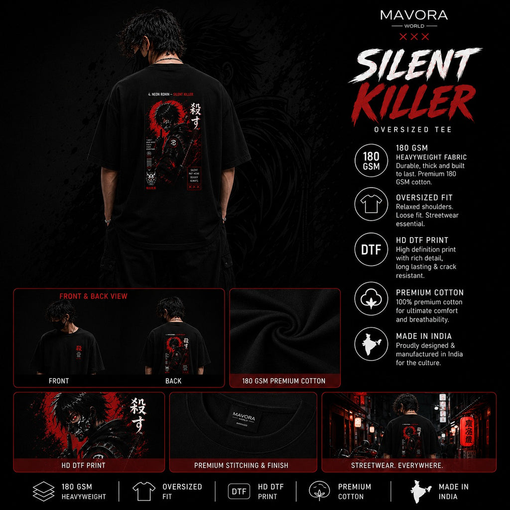 Black t-shirt with 'Silent Killer' design and product details on a dark background