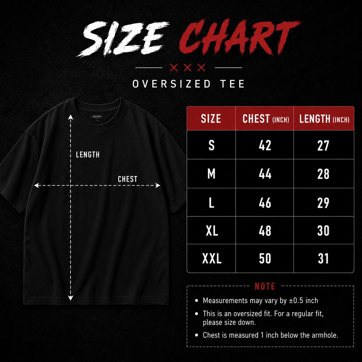 Size chart for oversized tee with black t-shirt on a dark background