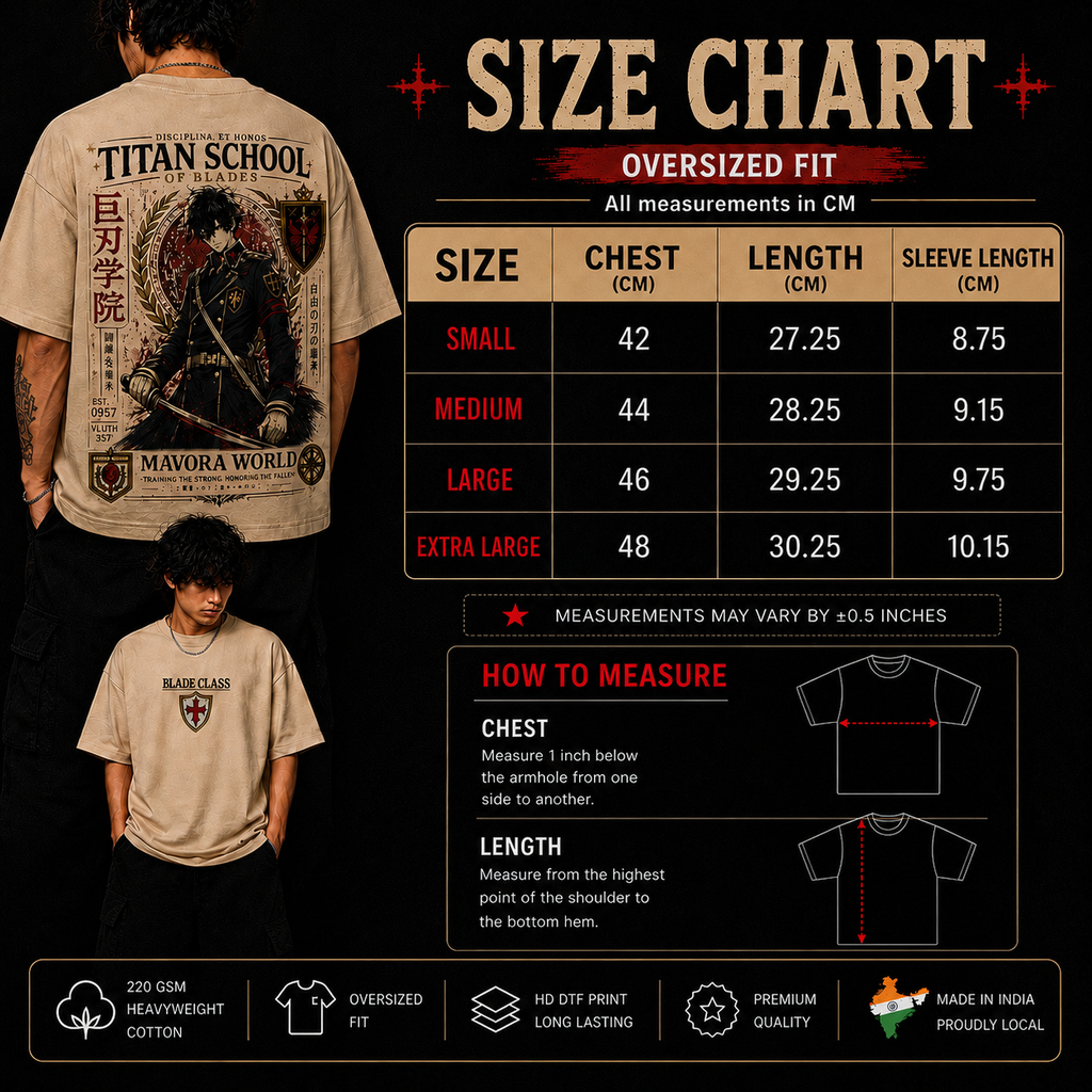 Mavora premium oversized tee sizing guide for accurate fit including S, M, L, XL