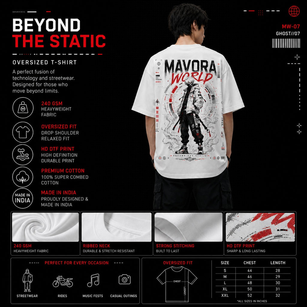 Person wearing a white t-shirt with 'MAVORA WORLD' design, surrounded by product details on a black background.