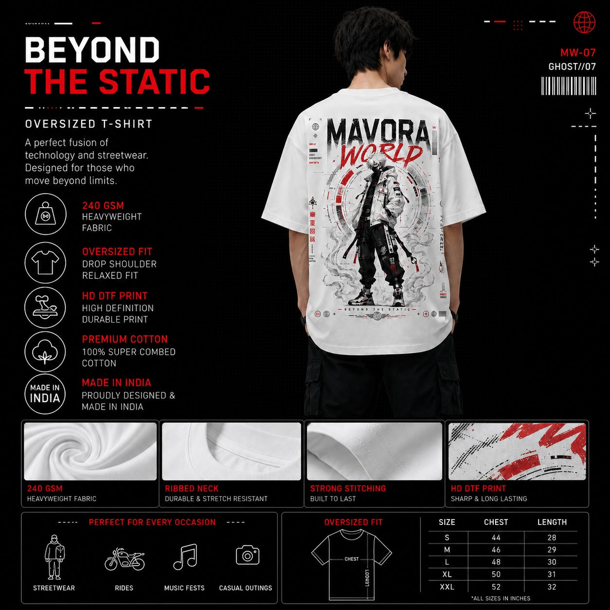 Person wearing a white t-shirt with 'MAVORA WORLD' design, surrounded by product details on a black background.