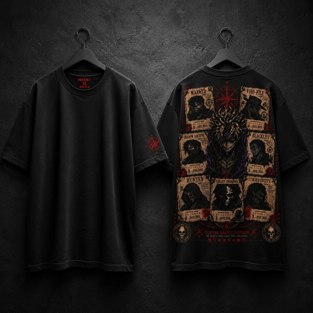 Black t-shirt with graphic design on a dark background
