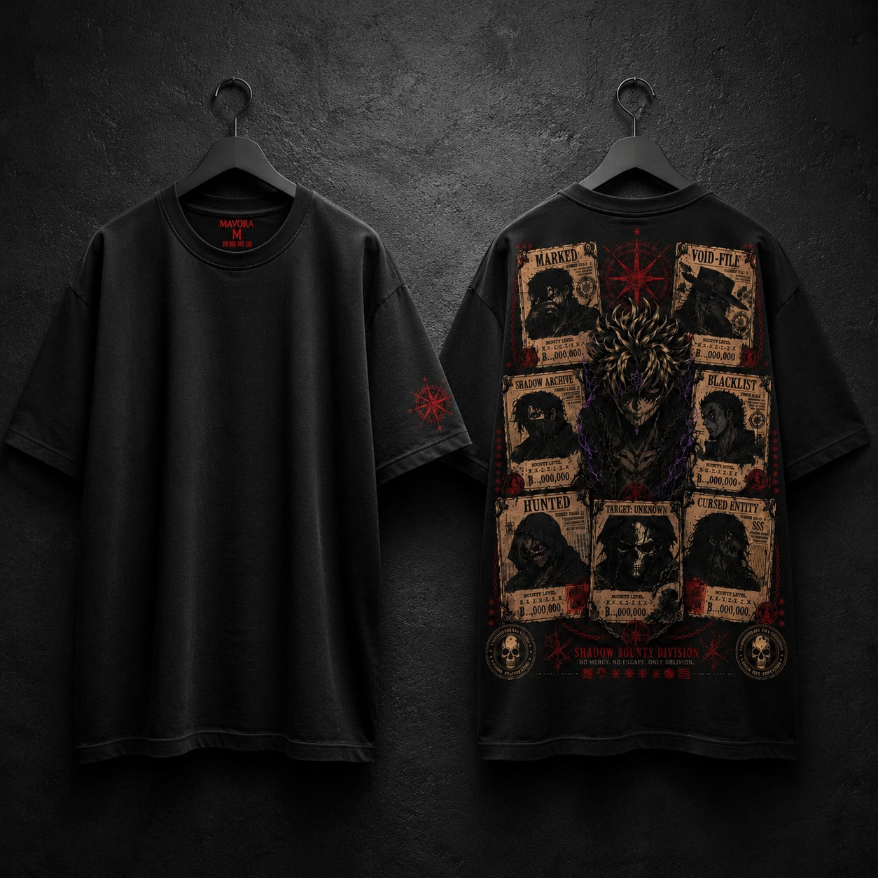 Black t-shirt with graphic design on a dark background