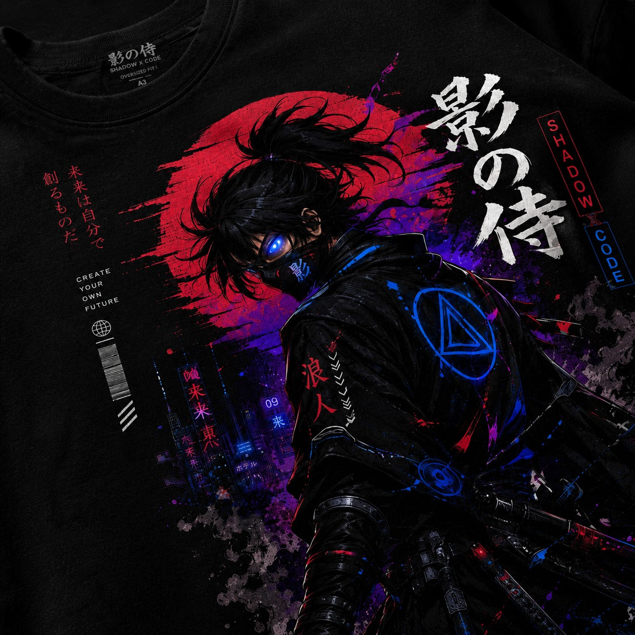 T-shirt with anime-style design featuring a character with dark hair and glowing eyes, set against a red and purple background.