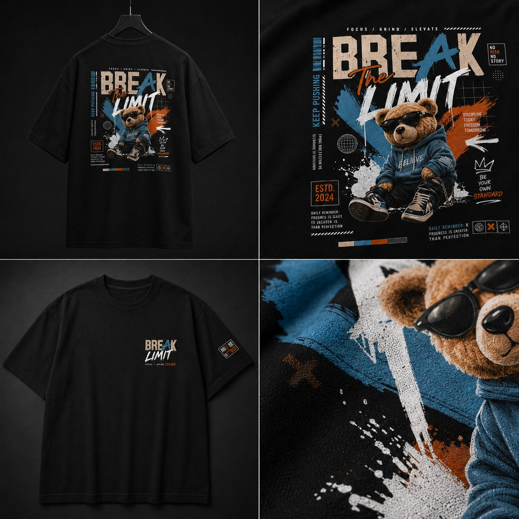 Black t-shirt with teddy bear graphic and 'Break The Limit' text on a dark background