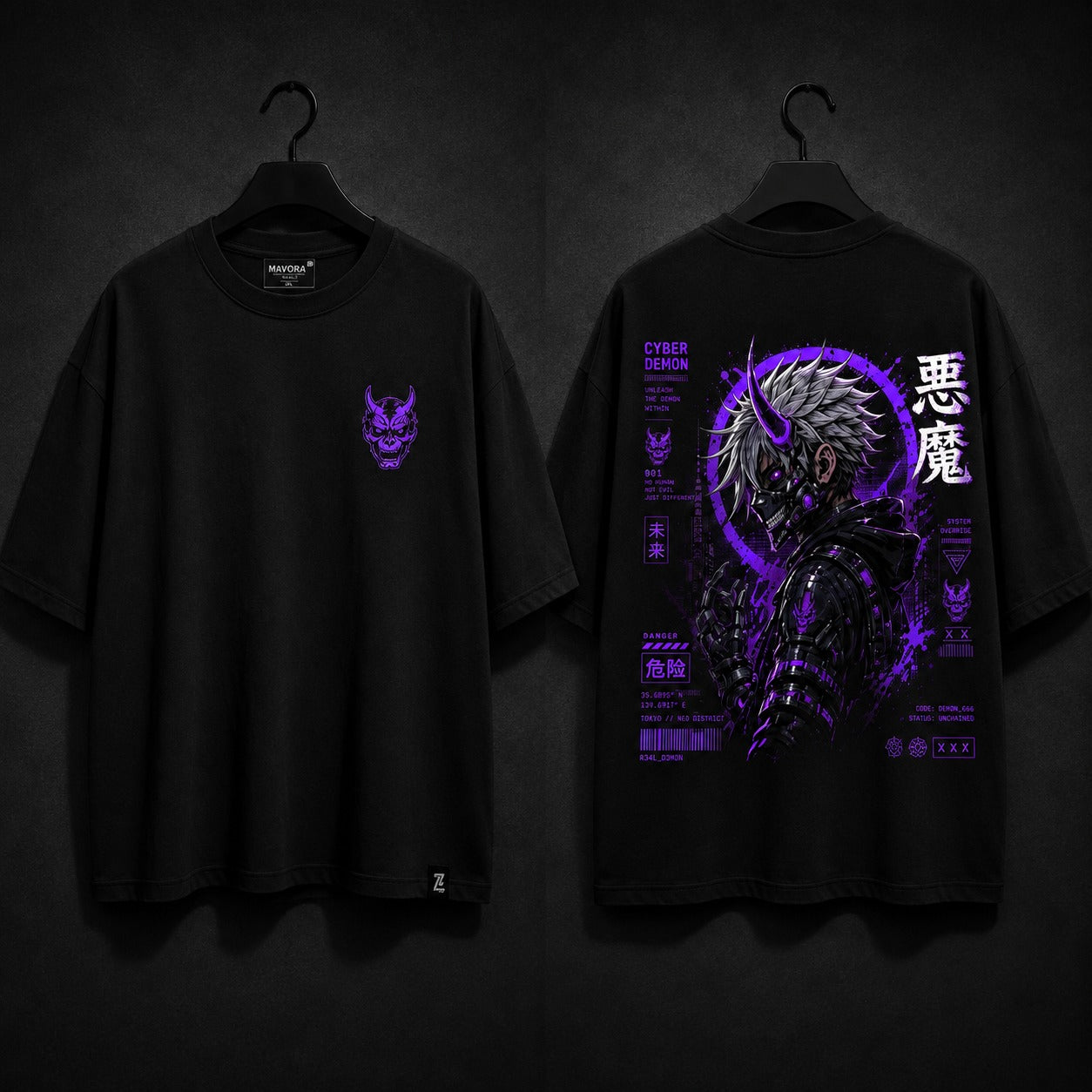 Black t-shirt with purple graphic design on a dark background