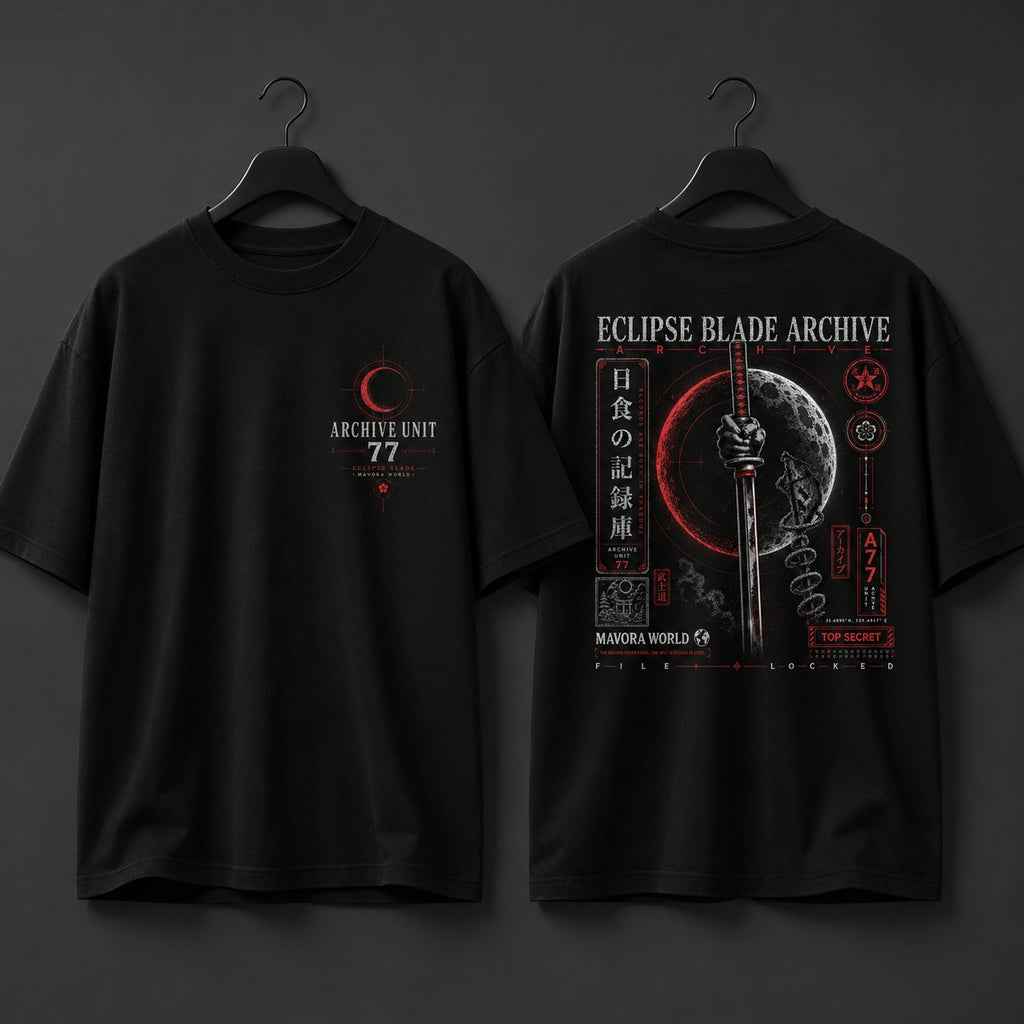 Black t-shirt with 'Eclipse Blade Archive' design on a dark background