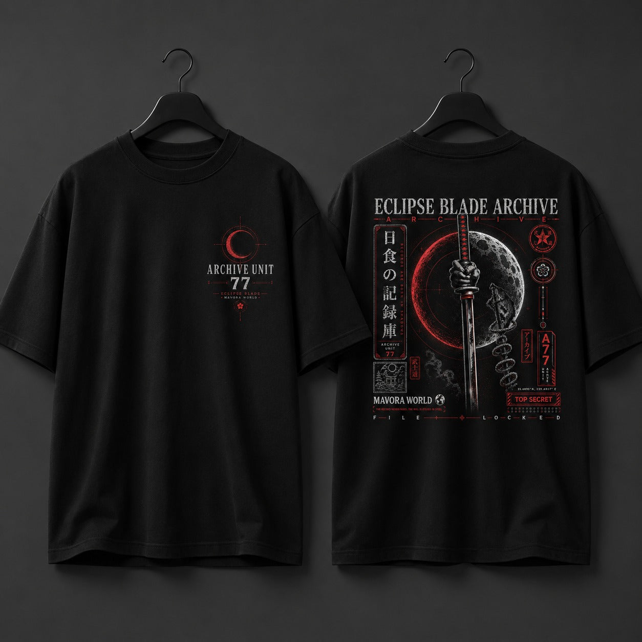 Black t-shirt with 'Eclipse Blade Archive' design on a dark background