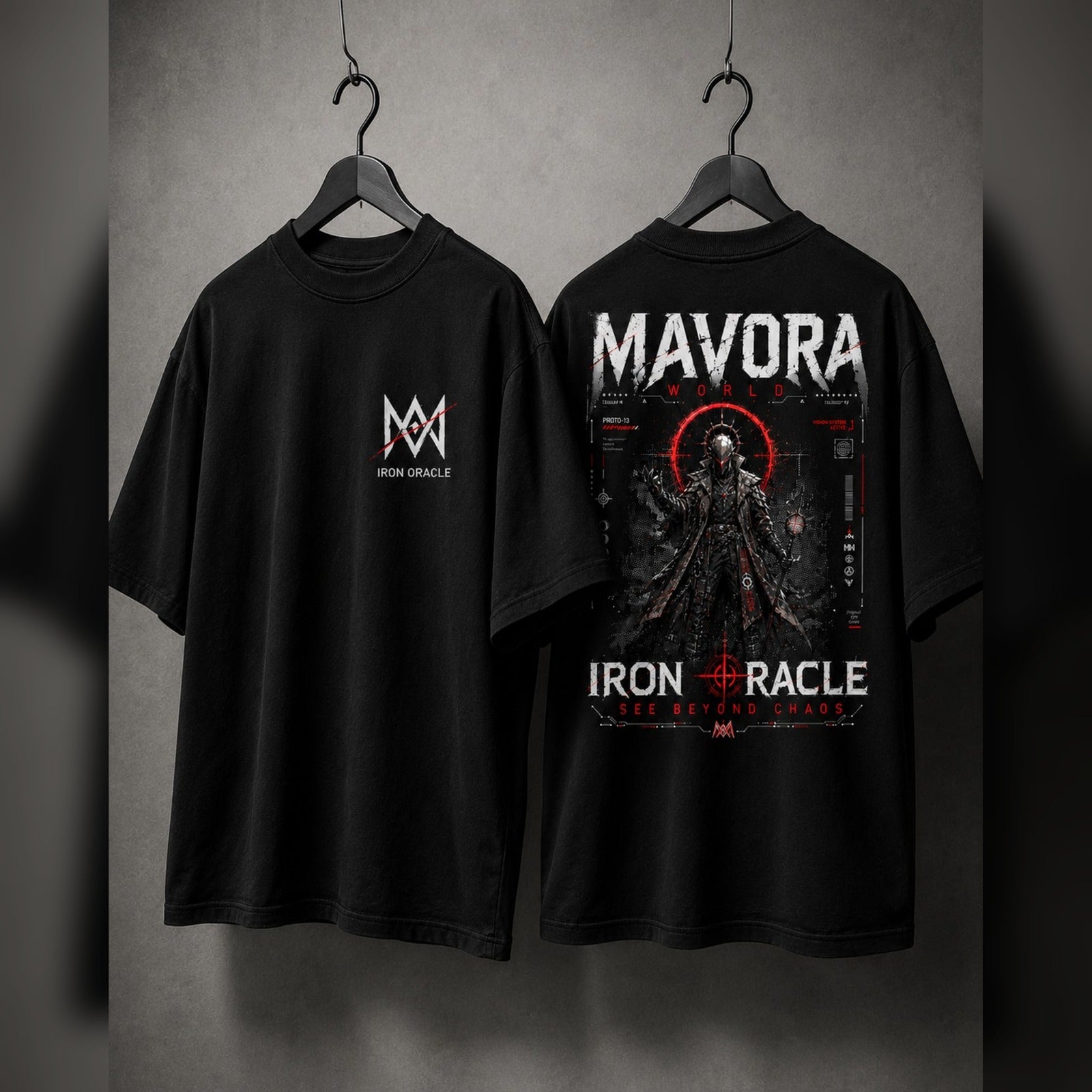 Two black t-shirts with 'Mavora' and 'Iron Oracle' branding on a gray background.
