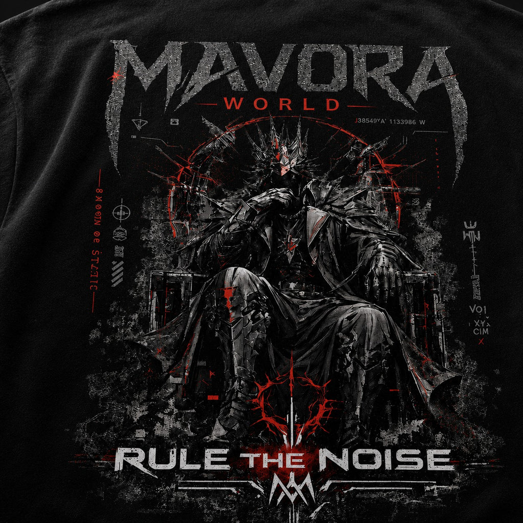 Black t-shirt with a graphic design featuring a figure in a dark robe and 'Mavora World' text.