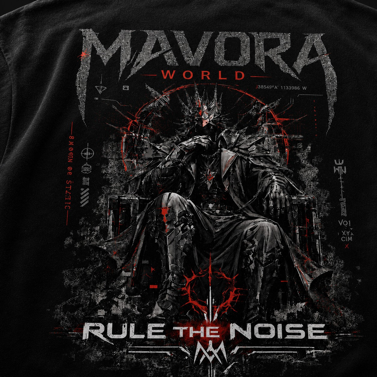 Black t-shirt with a graphic design featuring a figure in a dark robe and 'Mavora World' text.
