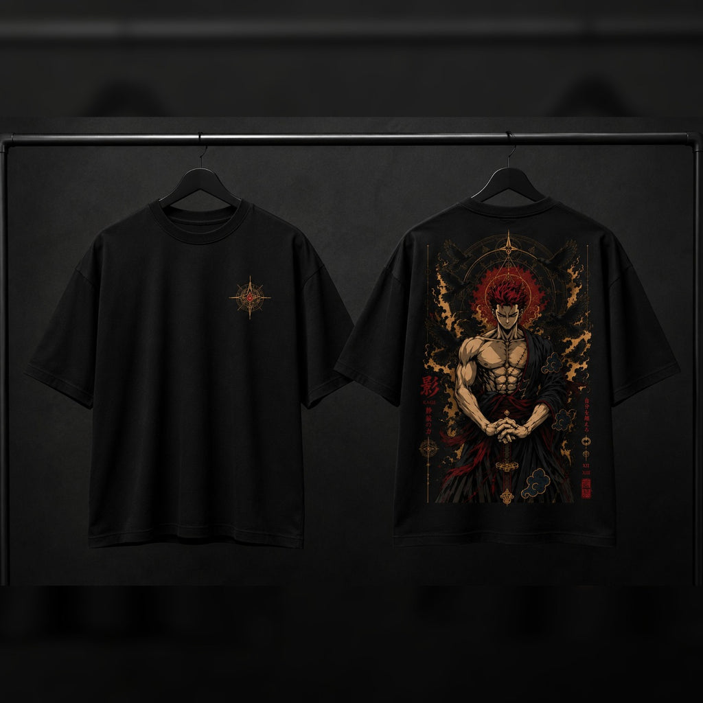 Black t-shirt with a detailed graphic design on the front and back against a dark background