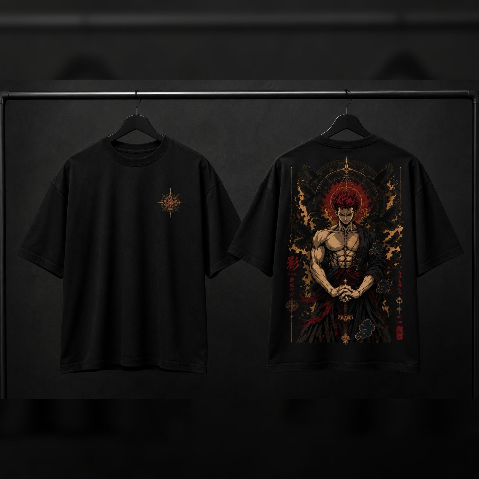 Black t-shirt with a detailed graphic design on the front and back against a dark background