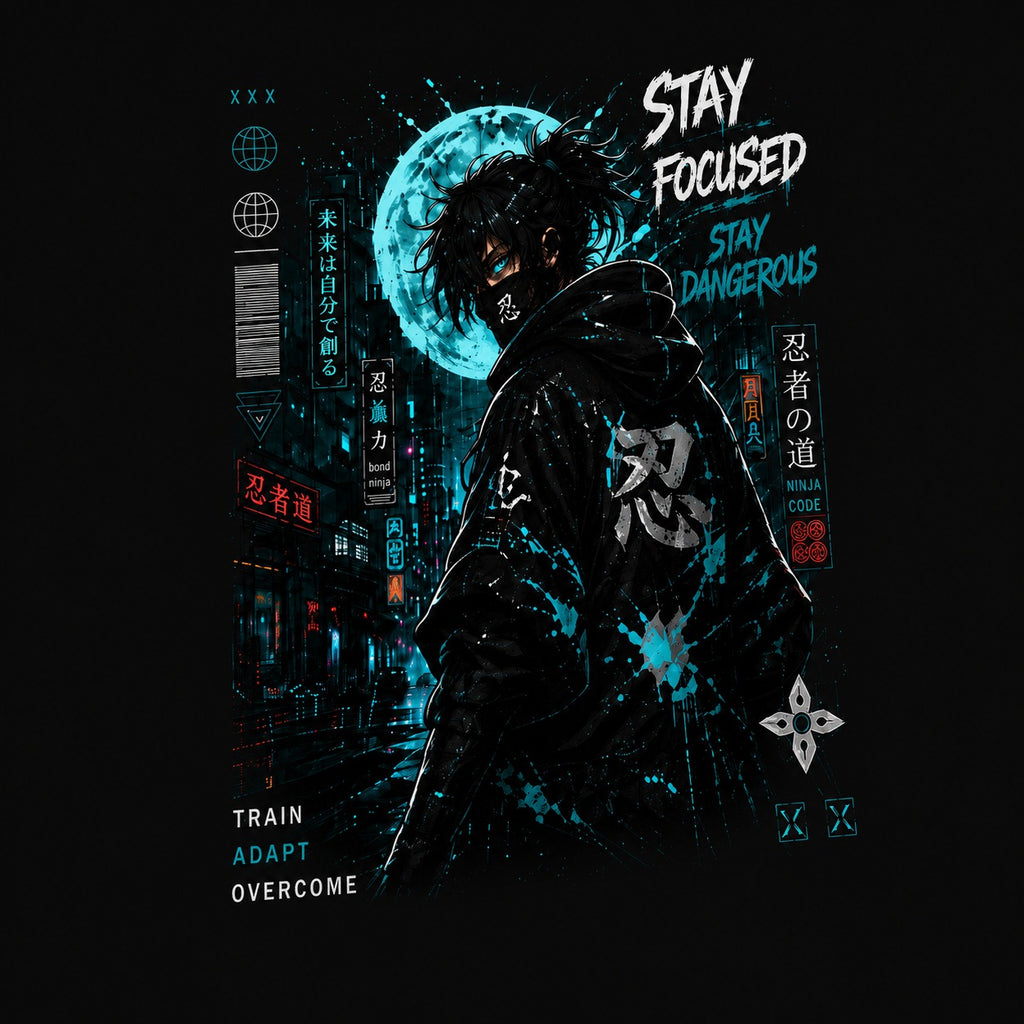 Dark-themed graphic with a character in a hooded outfit, surrounded by text and symbols on a black background.
