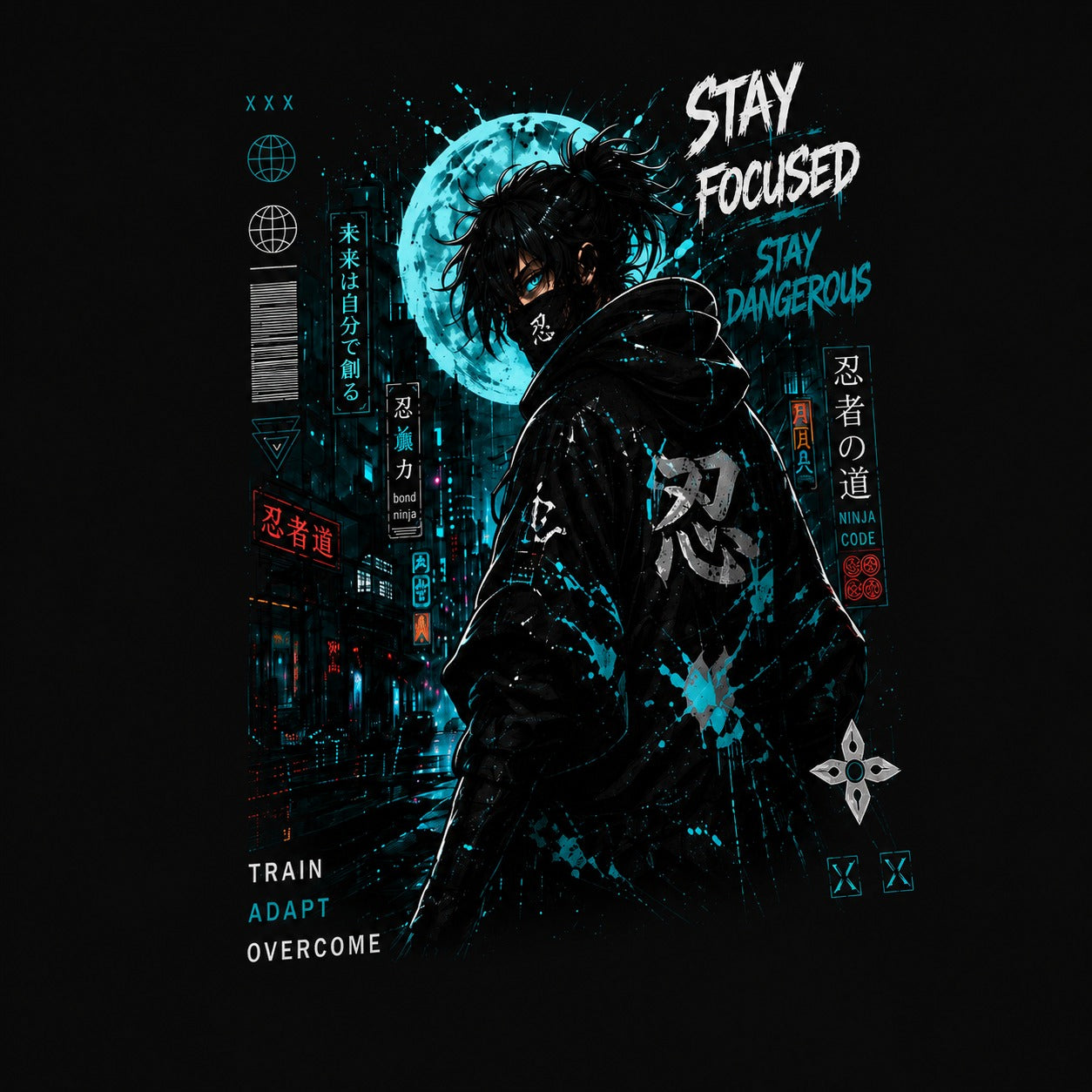 Dark-themed graphic with a character in a hooded outfit, surrounded by text and symbols on a black background.