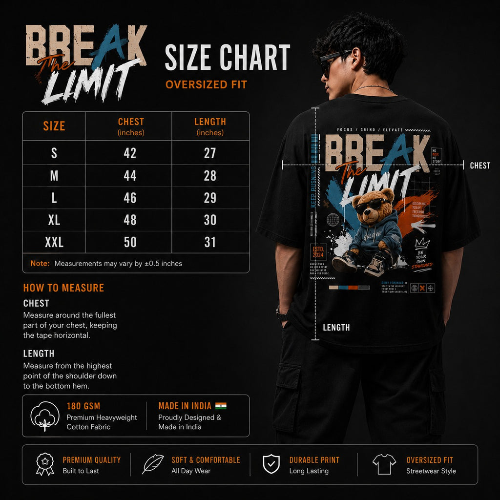 T-shirt with 'Break the Limit' design and size chart on a black background