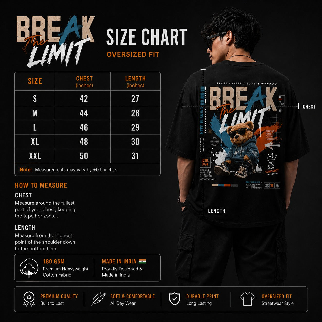 T-shirt with 'Break the Limit' design and size chart on a black background
