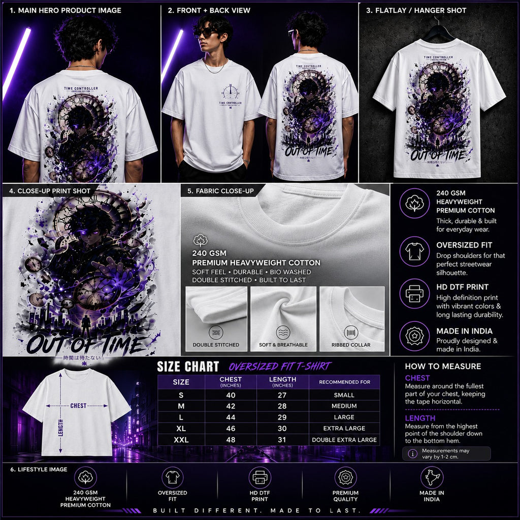 White t-shirt with 'Out of Time' design, shown from multiple angles with product details.