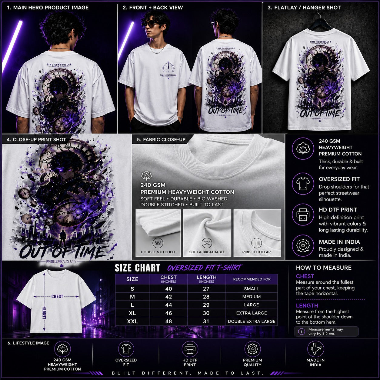 White t-shirt with 'Out of Time' design, shown from multiple angles with product details.