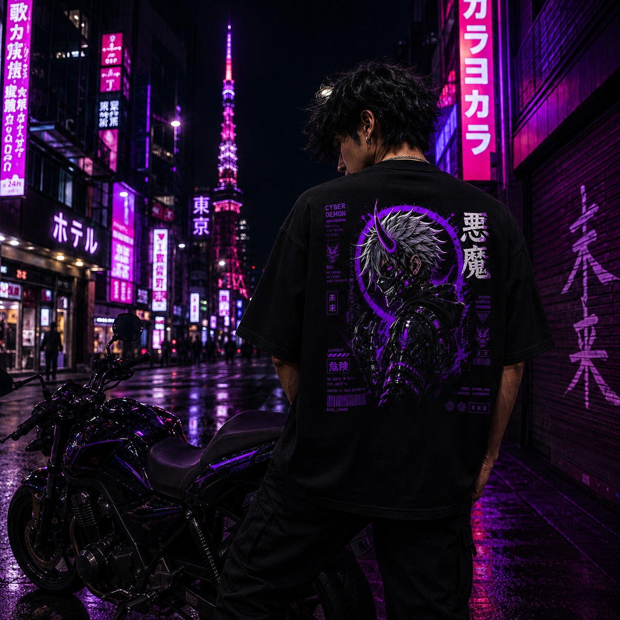 Person wearing a black t-shirt with a graphic design in a neon-lit city street