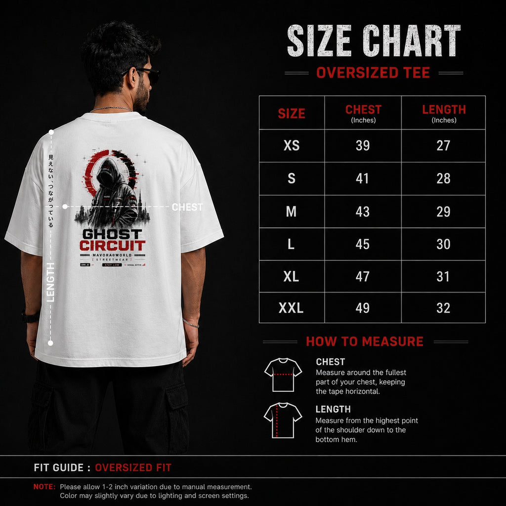 White oversized t-shirt with graphic design on the back, size chart on the right, and fit guide at the bottom.
