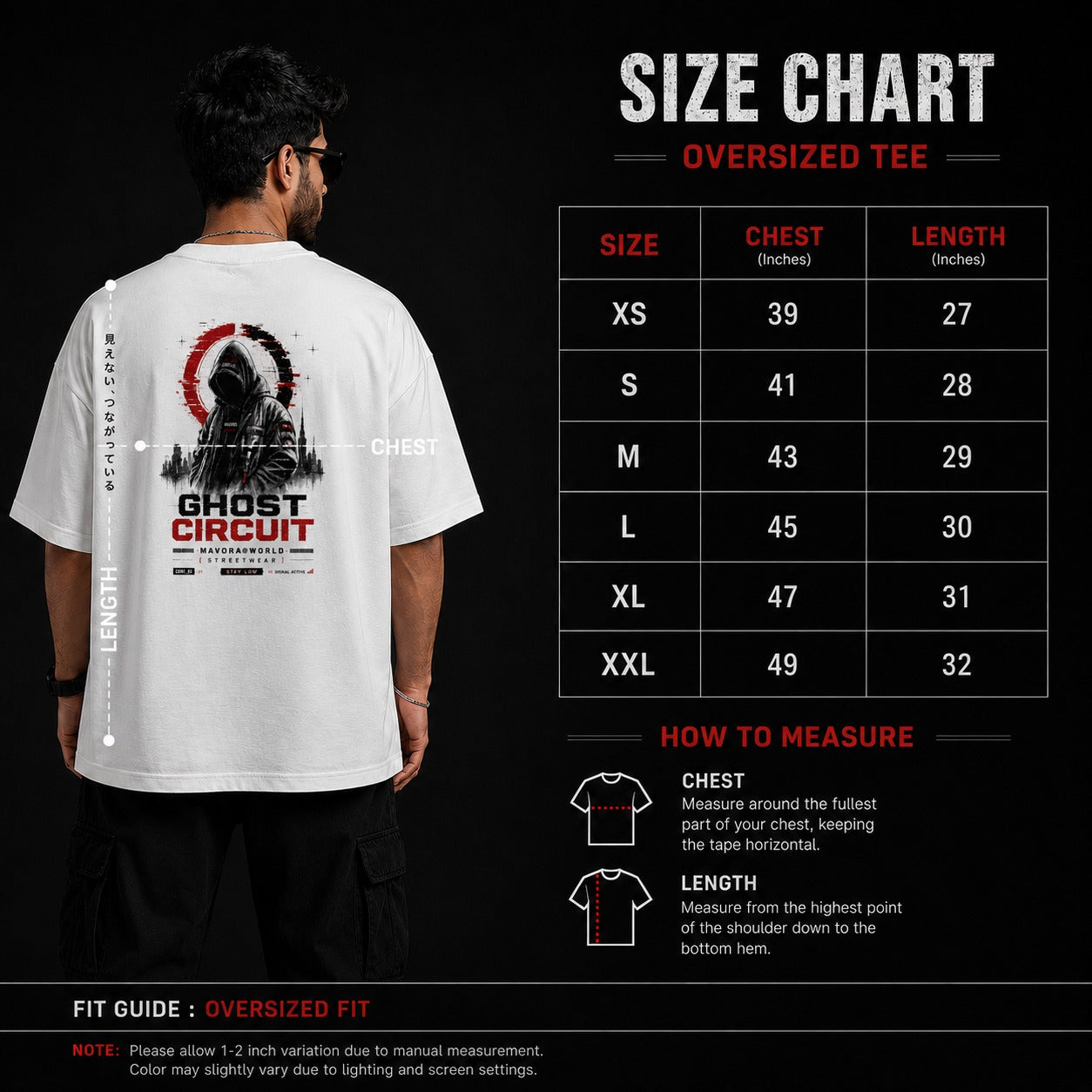White oversized t-shirt with graphic design on the back, size chart on the right, and fit guide at the bottom.
