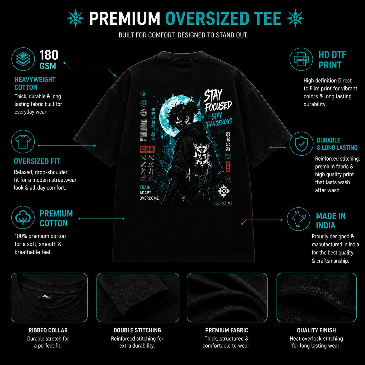 Black t-shirt with graphic design and text on a black background with feature text overlay.