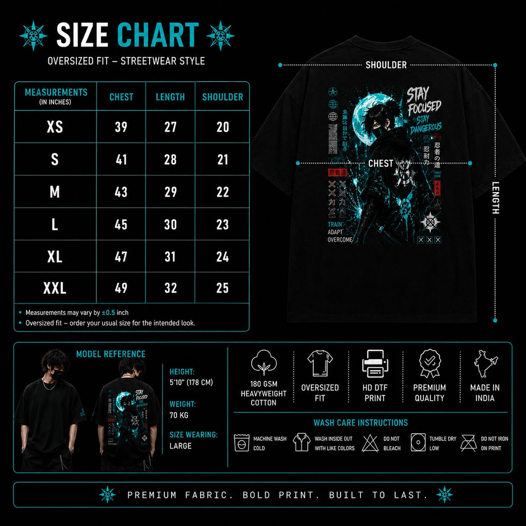 T-shirt with graphic design and size chart on a black background