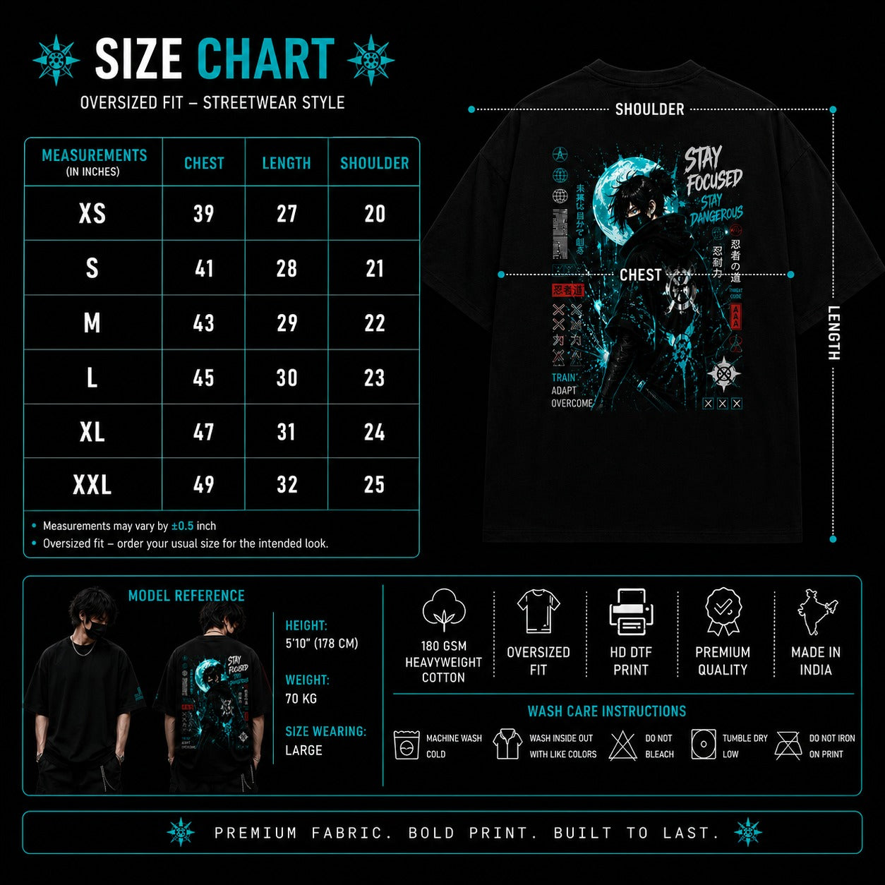 T-shirt with graphic design and size chart on a black background
