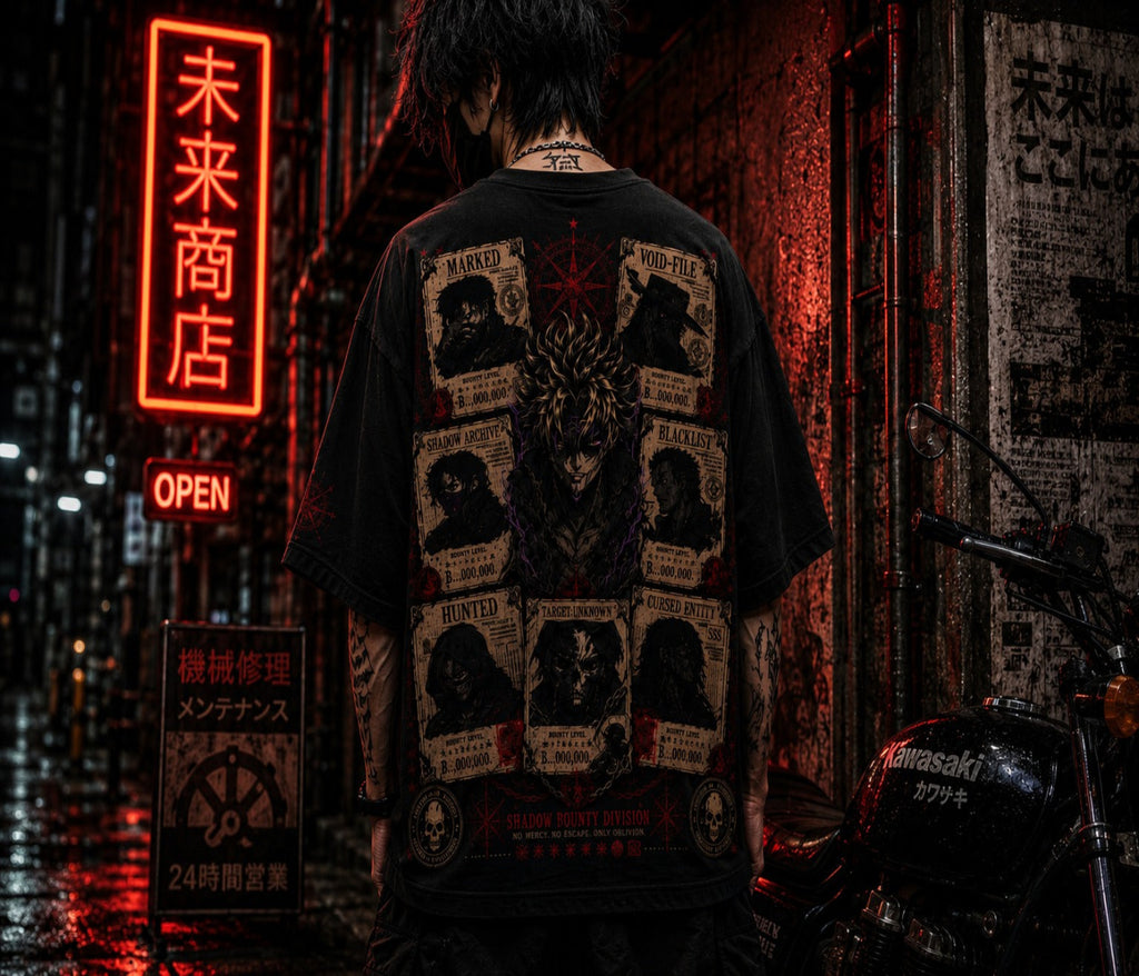 Person wearing a graphic t-shirt with tattoos in a neon-lit urban setting