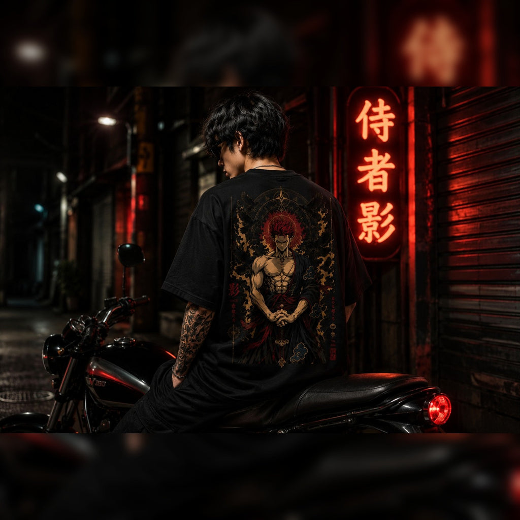 Person wearing a black t-shirt with a graphic design sitting on a motorcycle in a dark alley with neon signs.