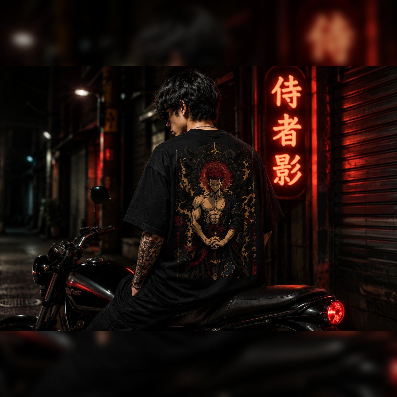 Person wearing a black t-shirt with a graphic design sitting on a motorcycle in a dark alley with neon signs.