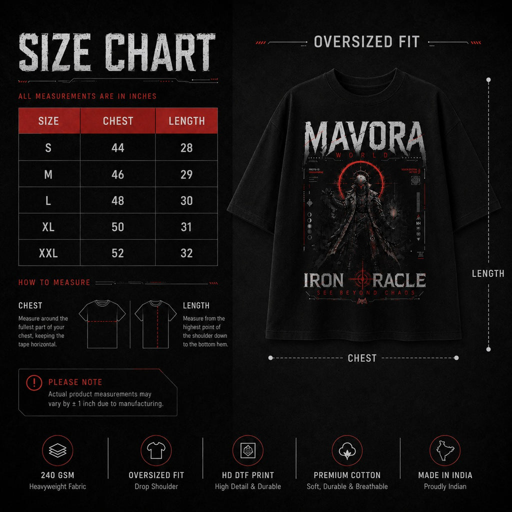 Black t-shirt with 'Mavora Iron Oracle' design and size chart on a black background