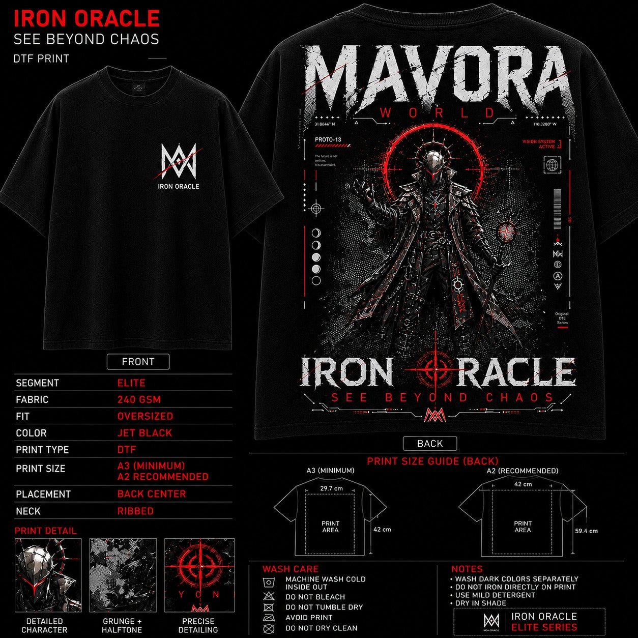 Black t-shirt with 'IRON ORACLE' design on front and back, featuring graphics and text.