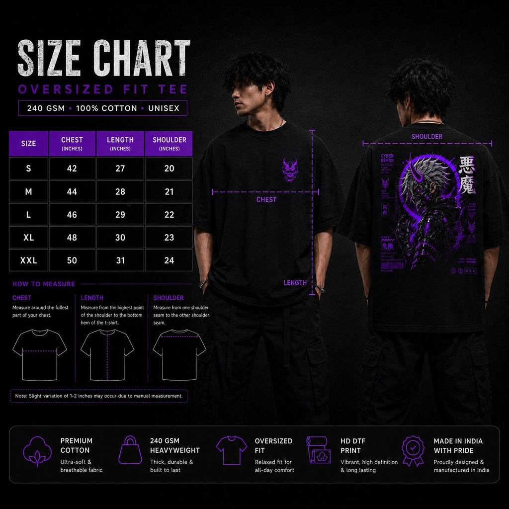 Black oversized fit tee with size chart and person wearing it