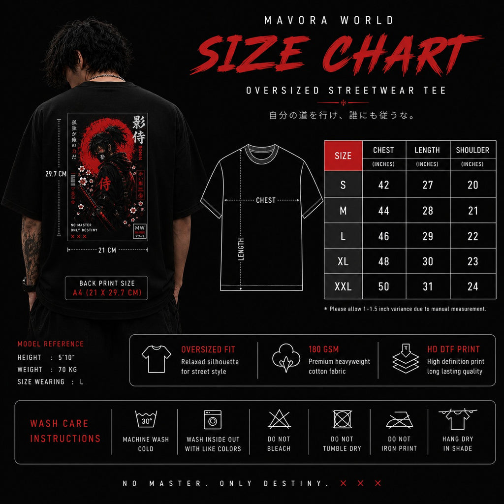 Oversized streetwear tee with size chart and wash care instructions on a black background