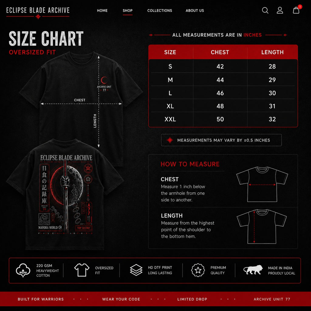 Size chart for a black t-shirt with measurements and details on a dark background