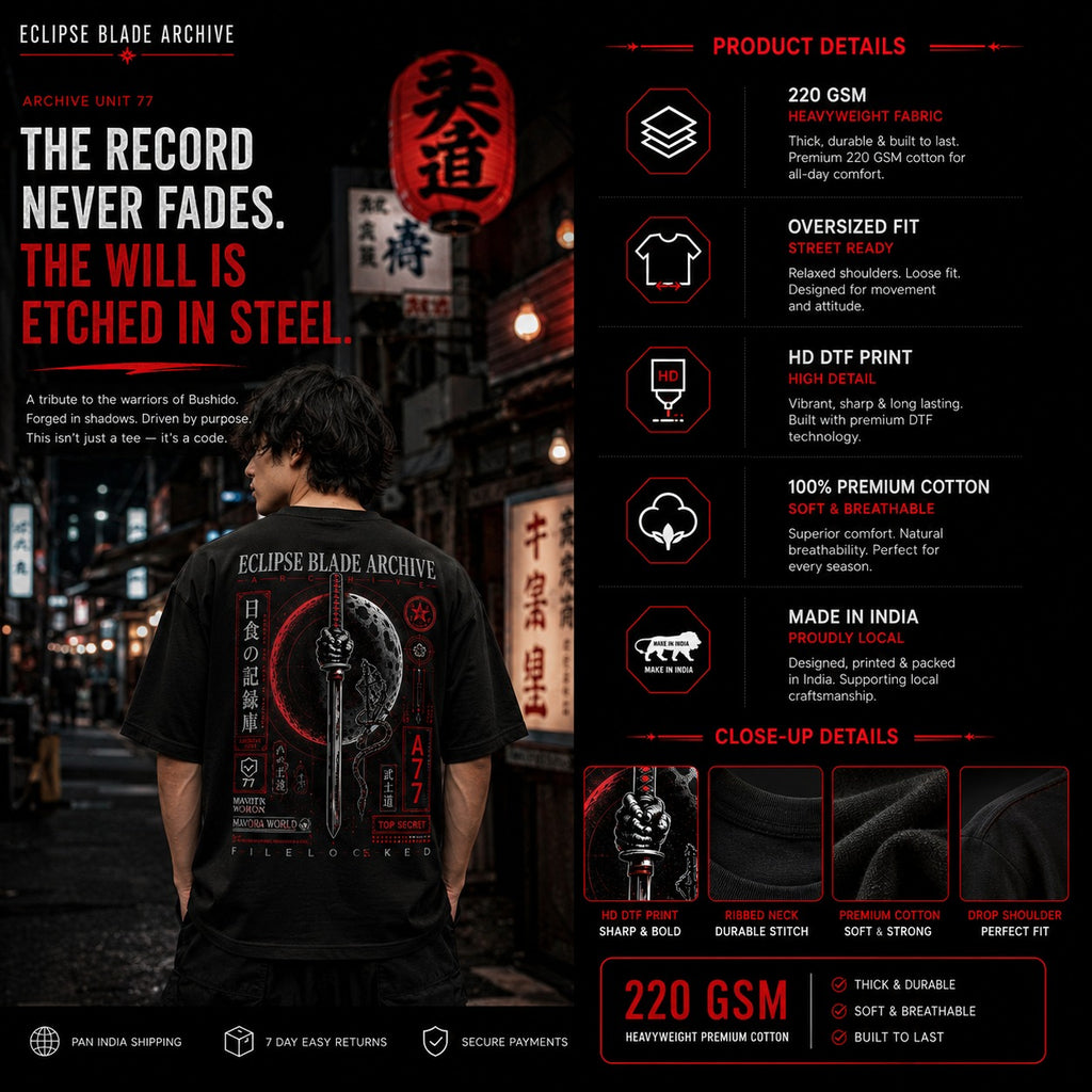 Person wearing a black t-shirt with Japanese design and text, set against a dark urban street backdrop.