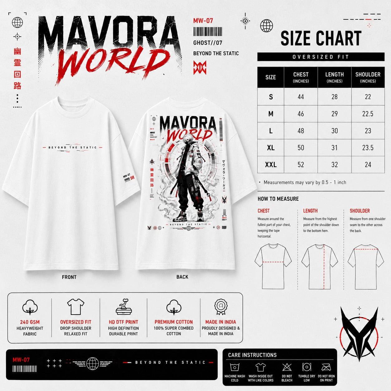 T-shirt with 'Mavora World' design and size chart on a white background