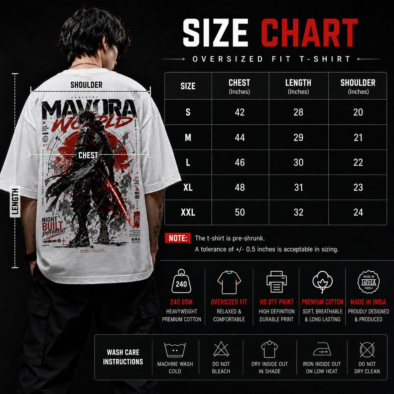 Person wearing a t-shirt with a size chart on the back