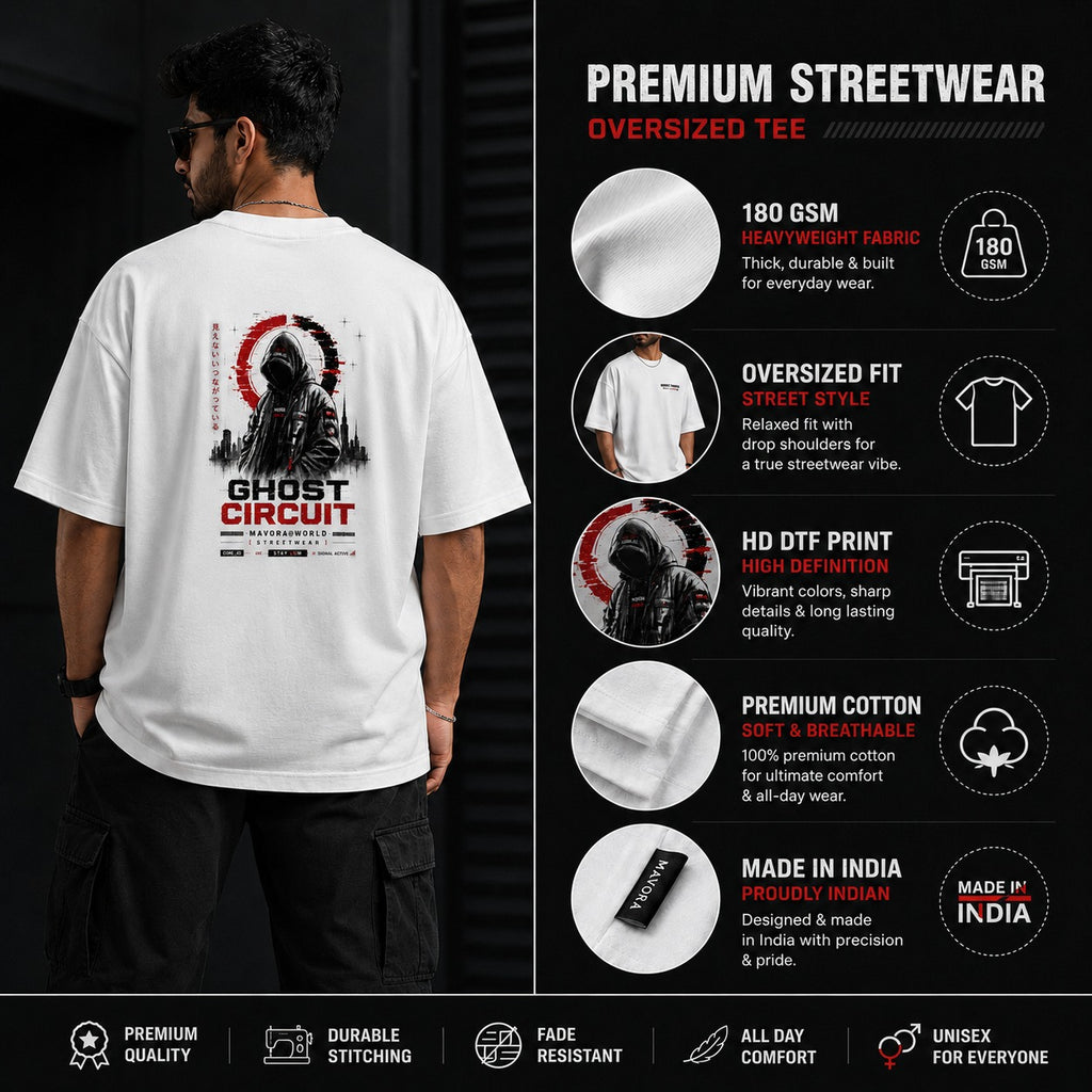 White oversized tee with 'Ghost Circuit' design on a black background, featuring product details on the right.