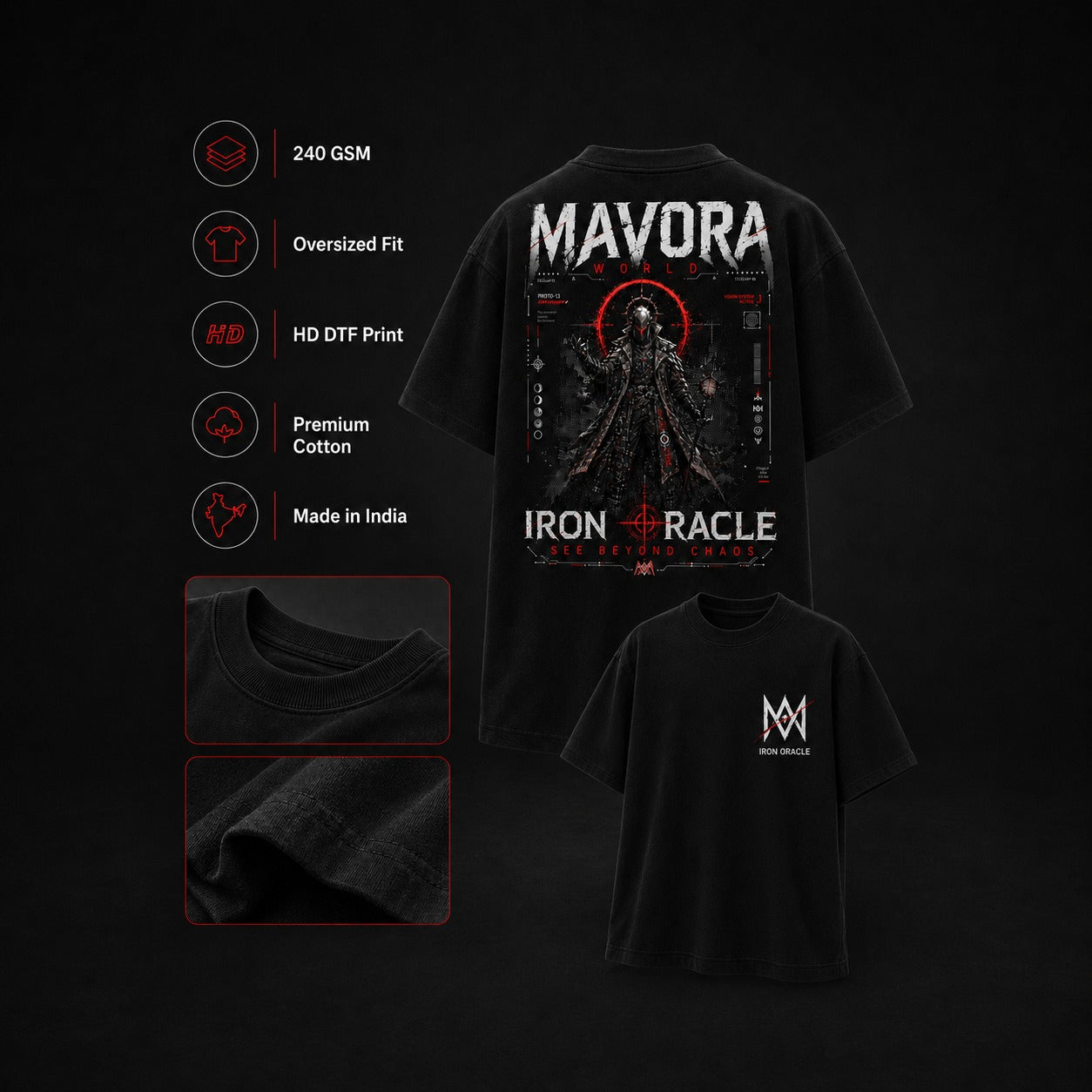 Black t-shirt with 'Mavora' branding and graphics on a dark background