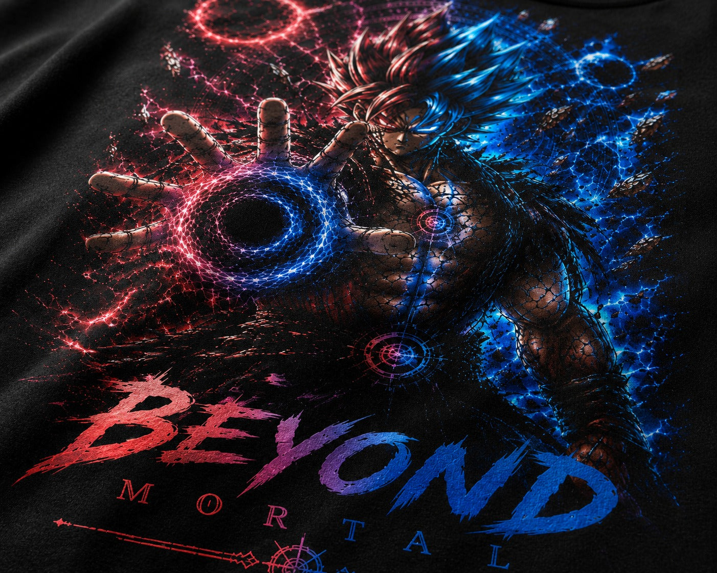 MAVORA Beyond Mortal black oversized graphic T-shirt displayed in flat-lay view